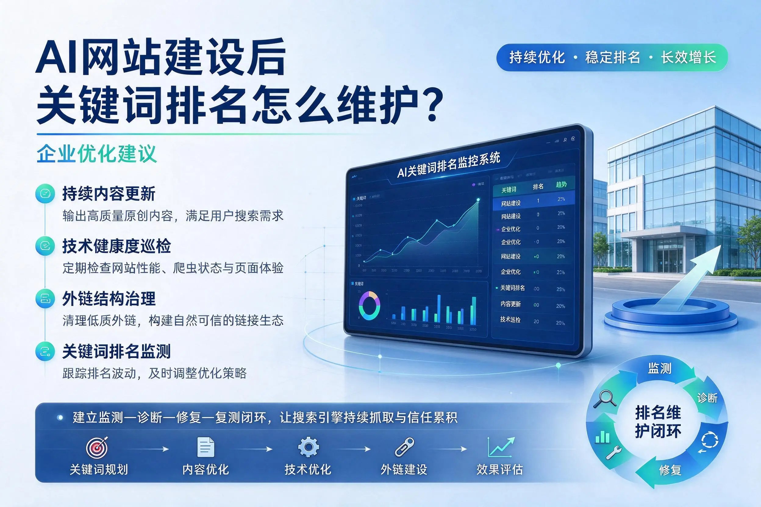 AI网站建设后关键词排名怎么维护？阿勒泰企业优化建议