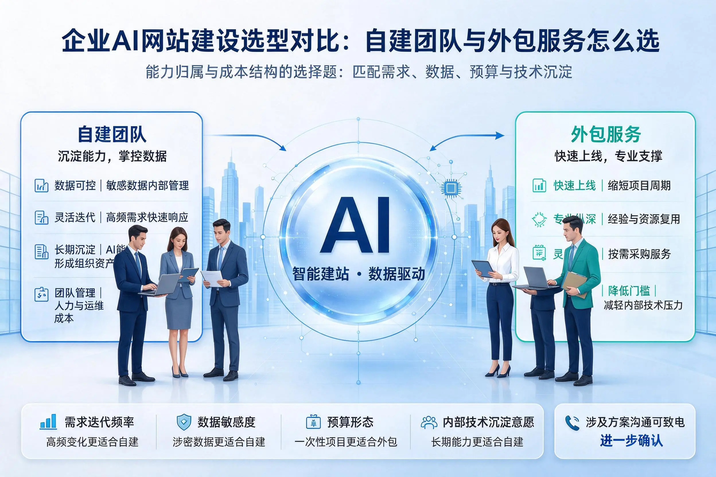 阿勒泰企业AI网站建设选型对比：自建团队与外包服务怎么选